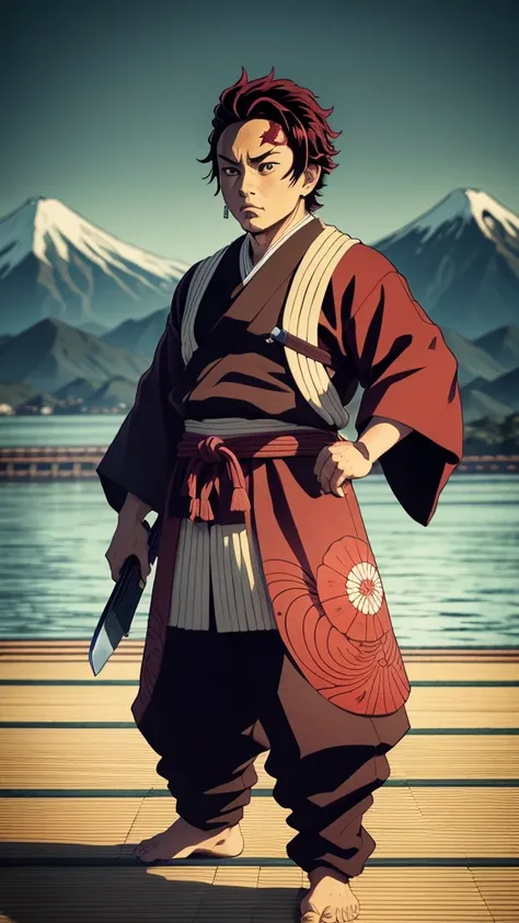 "An Ukiyo-e style image of Tanjiro Kamado from Demon Slayer, depicted in the traditional Japanese woodblock print style. He is standing in a powerful pose with his Nichirin Blade, ready to strike. The background features a classic Japanese landscape with e...