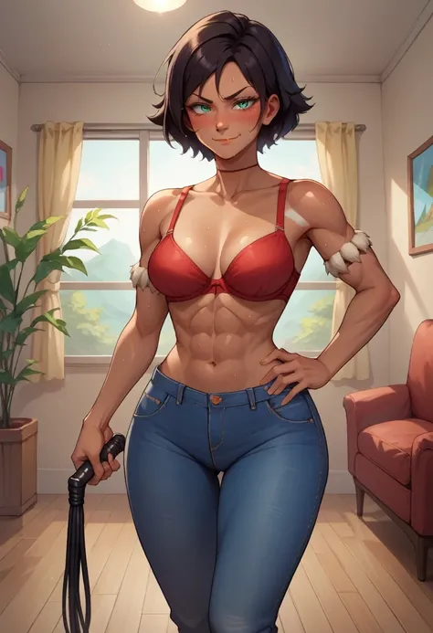 score_9, score_8_up, score_7_up, score_6_up, BREAK Nidalee, source_anime,seductive smirk, wearing jeans and bra, NSFW, medium breasts, wide hips, big ass, sweating, blushing, in a living room, front shot, holding whip, short hair, looking at viewer