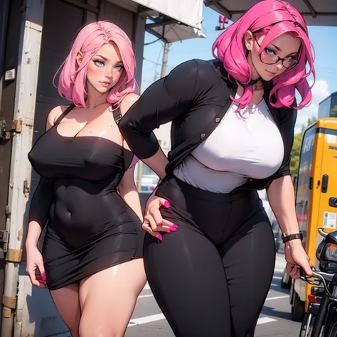 Woman next to girl, behaved, big and thick black clothes, pink hair, sfw, safe, adult woman young girl