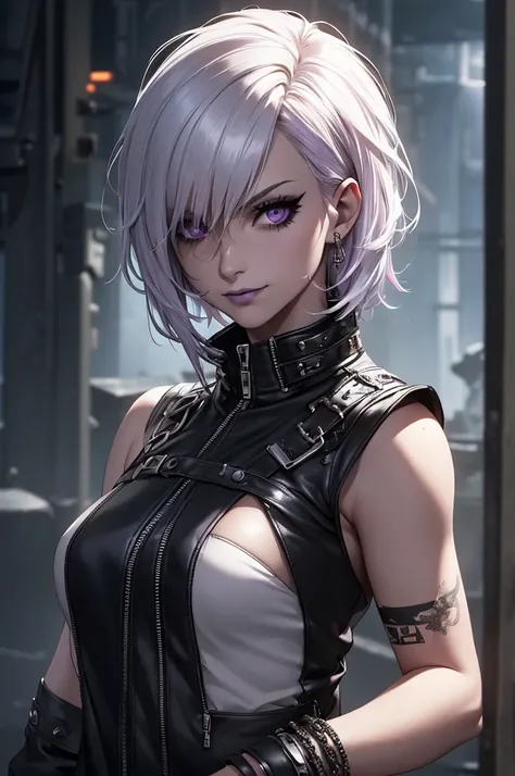 a punk girl, student, hooligan, short messy white hair, purple eyes, black punk clothes, punk, chains, black sleeveless top, baggy black pants, sadistic smile, aggressive, dark purple lipstick, thug, (best quality,4k,8k,highres,masterpiece:1.2),ultra-detai...