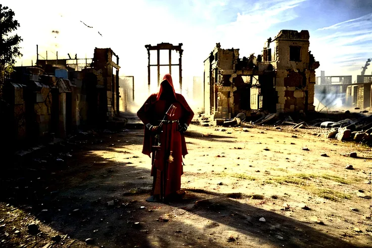 hdr, best image, a soldier of god with sword, with red cape, from the heavens, in front of a destroyed city, color image, ruins ...