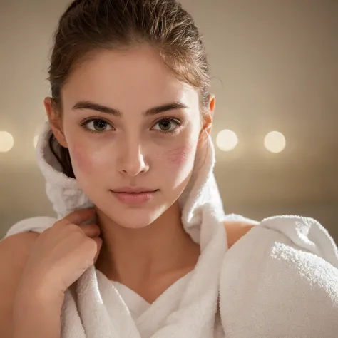 A realistic photo of a young girl wearing a facial treatment mask. She has a white towel wrapped around her hair, giving the impression that you are at a spa or enjoying self-care at home. Her skin is visibly well cared for and clean, and the surrounding e...