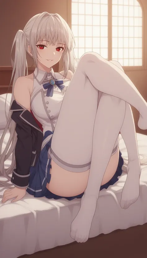 1girl, solo, full length, long hair, twintails, large breasts, looking at viewer, legs, hands, five fingers, bangs, smile, parted lips, heterochromia, red eyes, blue eyes, lying , arrogant smile, legs, stockings, indoors, on the bed, takes off one stocking...