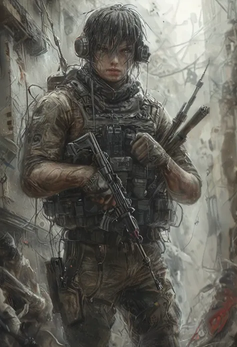 high quality illustration,ultra detailed, beautiful picture of a painting a soldier, weapons in your hands,,16k, blurry, masterp...