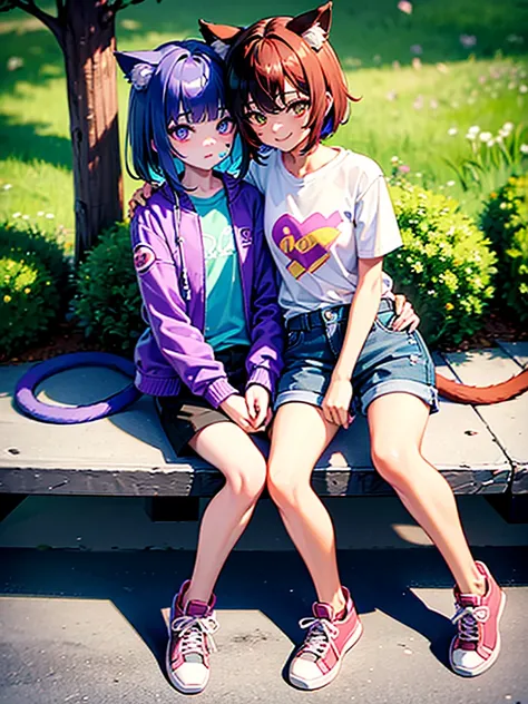 1boy, cat boy, (cat tail, two tails, blue taiks, fluffy tail, long tail), solo, short hair, curly hair, brown hair, long bangs, multicolored bangs, (brown hair, green hair, blue hair, purple hair, red hair, pink hair, blonde bangs), multicolored eyes, (red...