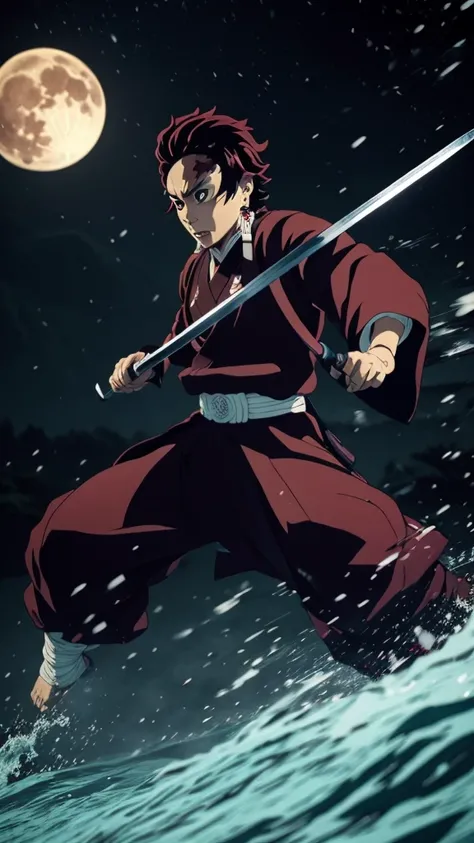 "Create a highly detailed image of Tanjiro Kamado from Demon Slayer in a traditional Japanese art style. He should be depicted in a dynamic action pose, mid-swing with his Nichirin Blade, performing a Water Breathing technique. The background should includ...