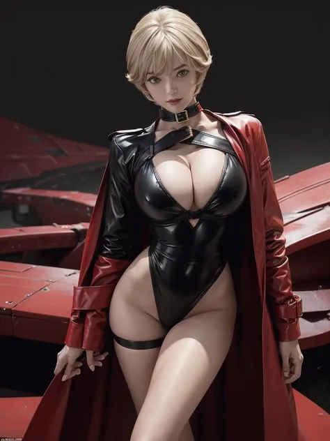 Very Short Hair, (masterpiece、highest quality、Official Art), Beautiful face and dark eyes, Look down, Looking at the audience:1.5, Big smile, Wet Hair, Small Top, Red jacket, Long black boots, garter belt, (Black bondage suit:1.2), Red collar, Red choker, ...