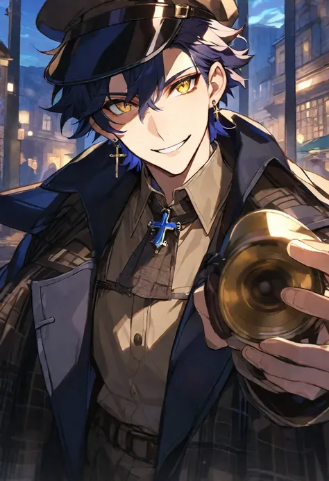 Solo,1 male, dark blue hair, yellow eyes, cross earring, black coat, light brown shirt, detective, smile facial