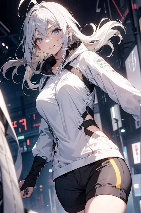  Concept Art, white Background, simple Background, White hair, Silver gradient hair , Composite cloth, Virtual YouTuber, best quality, masterpiece, Dynamic Angle, , cowboy_shooting, Watching_Back, grab, girl,Miss,woman, young,20 years old, , Hair Flip, Sil...