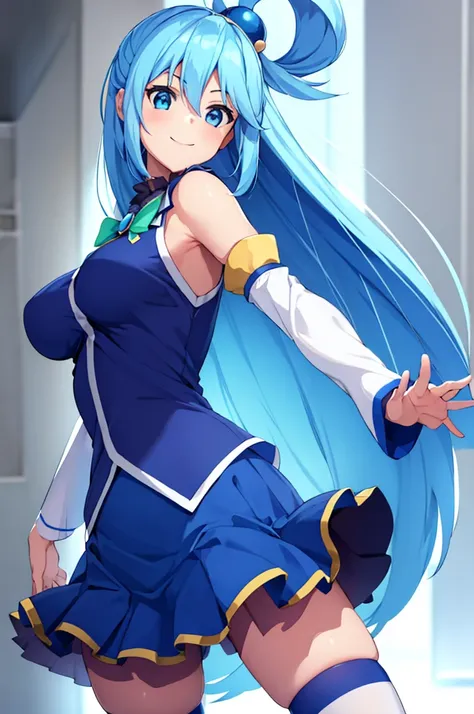 (masterpiece:1.3), (best quality:1.1), (8k, ultra detailed, ultra high res:1.2), ((anime style)), perfect 5 fingers, perfect anatomy, 
1girl,
Aqua (konosuba),
long hair, single hair ring, 
blue hair, 
(blue eyes:1.2), (beatiful detailed eyes:1.2), smile, d...