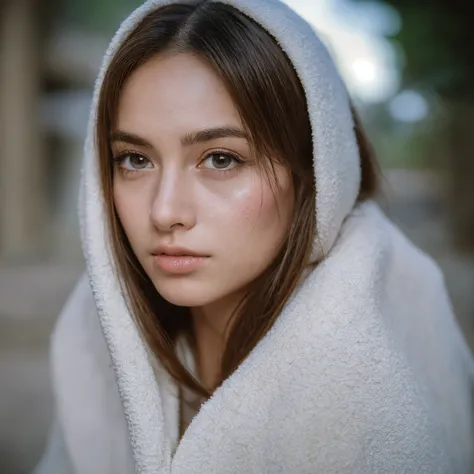 (amateur photo) of a 25 year old girl with a facial treatment mask, wearing a towel wrapped around her hair, candid photo, trunk, Under discreet lighting, From  above, filmed on an Agfa Vista, flash photography, taken on an old camera, polaroid, 8K, highy ...