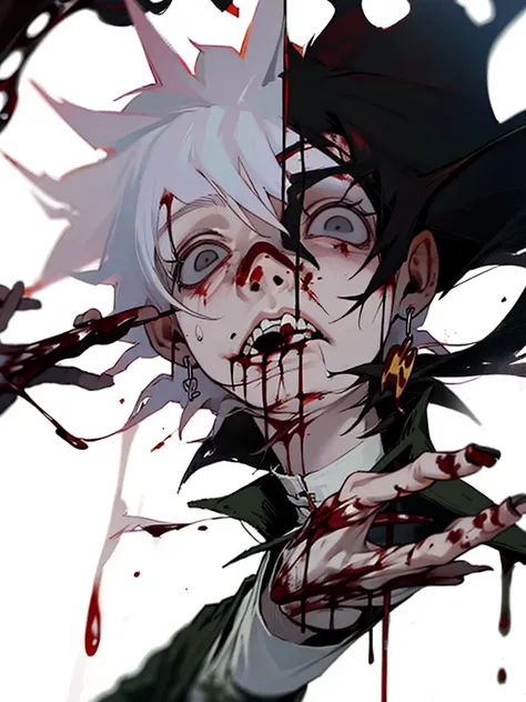 anime character with Blood dripping down his face and hands, gapmoe sick, gapmoe sick grimdark, sick, portrait gapmoe sick grimdark, danganronpa digital art, his eyes are, Bloody + concept art, Komaeda Nagito, guweiz, Kaneki Ken, [[Blood]]