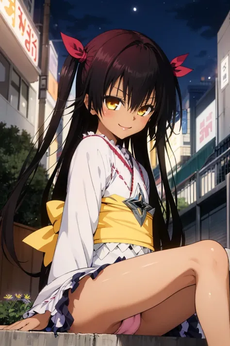 1girl, aster nemesis, dark-skinned female, black hair, very long hair, yellow eyes, flat chest kimono, obi, ribbon, twin tails, looking at viewer, outdoors, city, night, smile, ,sitting on ground,,nsfw,(panties),8yo