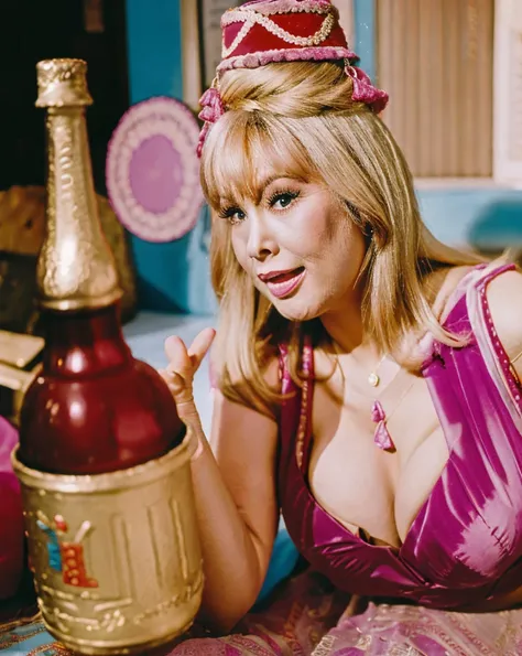 massive tits completely drunk. drunk young barbara eden, drunk jeannie I Dream of Jeannie, jeannie outfit from tv show, massive fat tits, passed out on floor at bar,  drunk facial expressions, drunk gestures, "Wooo hoooo! Hello mashter.....hiccup!" drinkin...