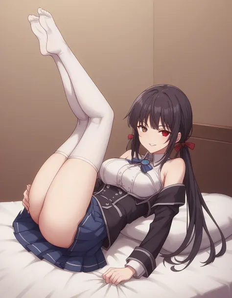 1girl, solo, full length, long hair, twintails, large breasts, looking at viewer, legs, hands, five fingers, bangs, smile, parted lips, heterochromia, red eyes, blue eyes, lying , arrogant smile, legs, stockings, indoors, on the bed, takes off one stocking...