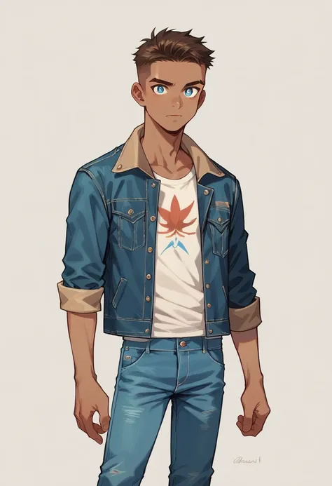 human male young adult, clear  skin , brown fade haircut, blue pupils, wearing pants , wearing denim jacket ,