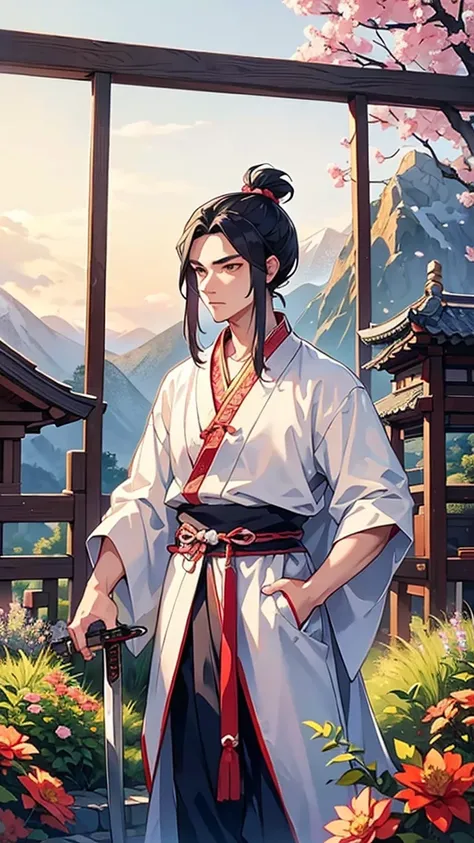  young ancient Chinese man dressed in traditional Hanfu, with a topknot hairstyle, holding a sword. The background should evoke a serene and majestic atmosphere, with elements like misty mountains, ancient architecture, or a blooming garden to enhance the ...