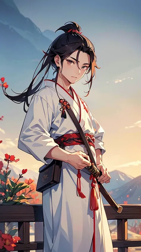  young ancient Chinese man dressed in traditional Hanfu, with a topknot hairstyle, holding a sword. The background should evoke a serene and majestic atmosphere, with elements like misty mountains, ancient architecture, or a blooming garden to enhance the ...