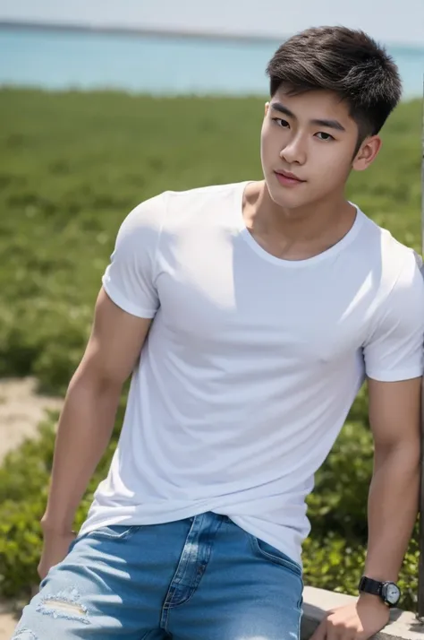 Young Korean man in a white t-shirt and jeans, A handsome, muscular young Asian man looks at the camera. In a simple blue t-shirt , Fieldside, grass, beach, sunlight