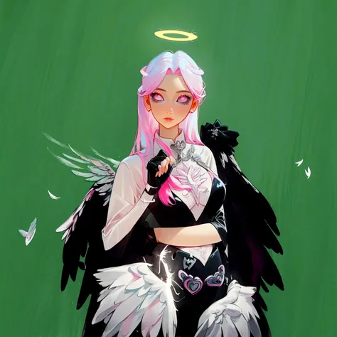 there is a woman with pink hair and angel wings posing, wearing angel halo, young wan angel, full - body majestic angel, wearing angel, villainess has black angel wings, angelic halo, angel halo, angel knight girl, as a mystical valkyrie, of an beautiful a...