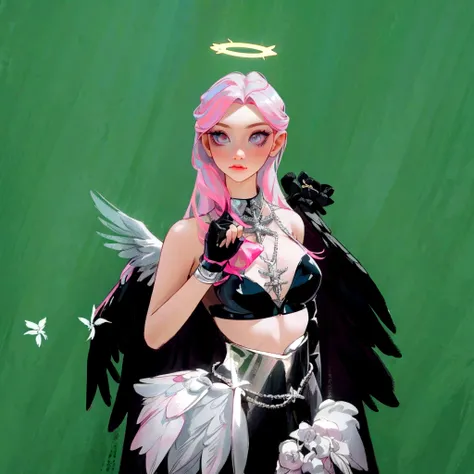 there is a woman with pink hair and angel wings posing, wearing angel halo, young wan angel, full - body majestic angel, wearing angel, villainess has black angel wings, angelic halo, angel halo, angel knight girl, as a mystical valkyrie, of an beautiful a...