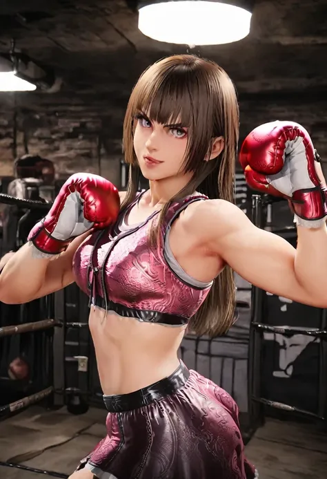 woman boxer, handsome face, sports bra, boxing gloves, toned, boxing stance,longb black pants, looking at viewer