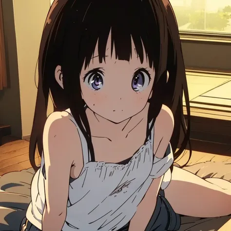 ((masterpiece)), ((Best Quality)), (Ultra-detailed), Anime style, Cute , 1girl in, Solo, 8k, sitting on the bed , no pant,no bra , young girl , flat chest, bare shoulders, black hair 