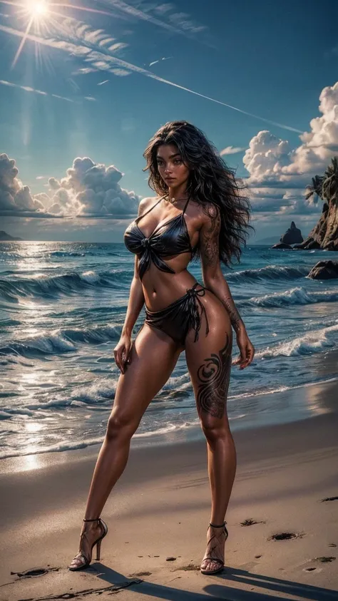 Sexy hot,,sexy fully tattooed body,sexy legs,sexy dark skinned tan body,sexy hot slim sexy body,sexy very long curly hair ,sexy figure,sexy side knot bikni,sexy heels,full body standing view,doing sexy seducing full body poses, on the beach sharp focus cgi...