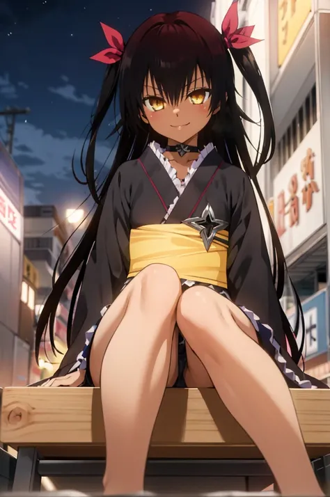 1girl, aster nemesis, dark-skinned female, black hair, very long hair, yellow eyes, flat chest kimono, obi, ribbon, twin tails, looking at viewer, outdoors, city, night, smile, ,sitting on ground,,(nsfw),8yo,bare legs