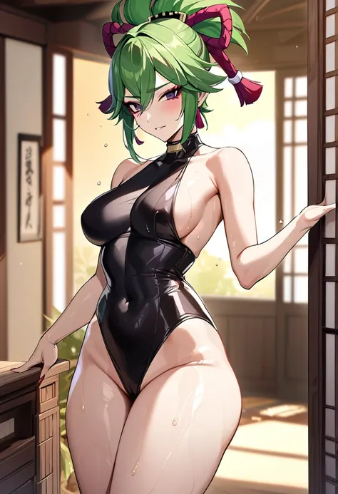 Masterpiece, kuki shinobu, dark green hair, genshin impact, Hot, busty, medium breasts, home, posing, thighs, sexy, wet, 