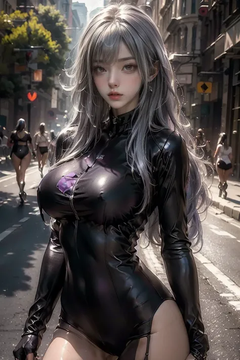 ((masterpiece, best quality, Highest image quality, high resolution, Reality, RAW photos, 8K)), Olympic cyclist, (A young dark elf woman with silver hair:1.3, Bangs, Long messy hair and dark purple skin,Huge firm bouncing breasts,Lavender-colored eyes), (S...