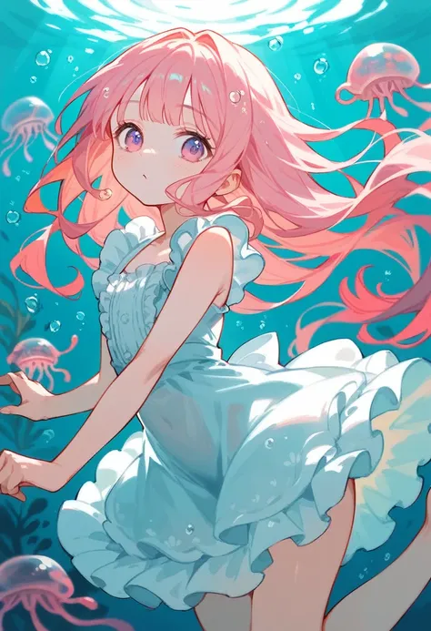 Cute girl in frilly dress with jellyfish underwater