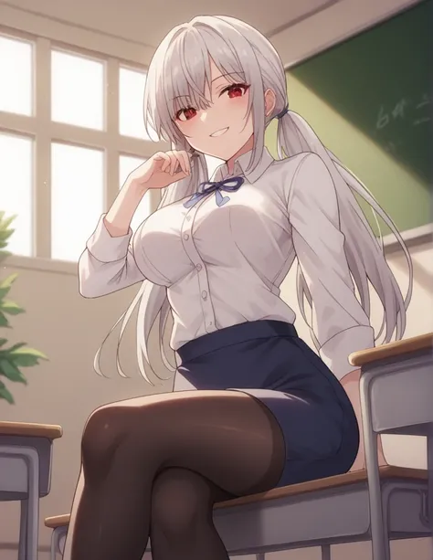 1girl, solo, long hair, breasts, looking at viewer, blush, smile, bangs, skirt, large breasts, shirt, red eyes, long sleeves, ribbon, twintails, medium breasts, sitting, white shirt, white hair, pantyhose, parted lips, day, collared shirt, indoors, hand up...