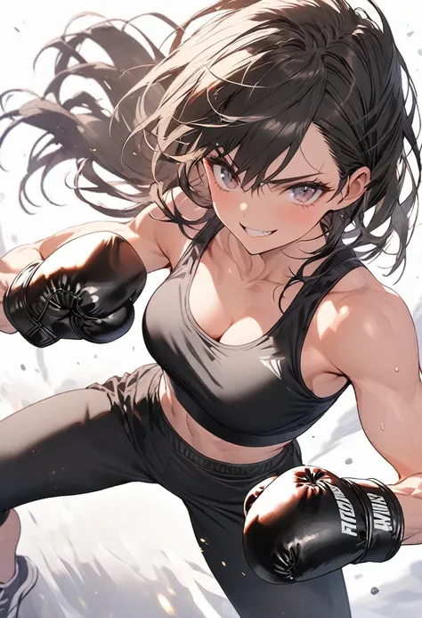 Woman boxer, handsome face, sports bra, boxing gloves, toned, long black hair, boxing stance,long black pants, looking at viewer