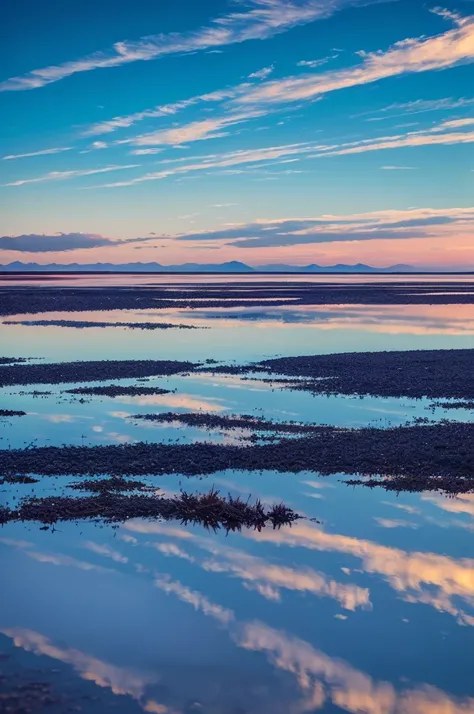 The sky is reflected in the mirrored sea,reflection,symmetry,Uyuni,,A beautiful sky spreads out,dream-like,,cloud,sky blue,Marine blue,A wonderful view spreads out before you,,The Highest Time for You,Highest quality,photograph,structurally correct,perfect...