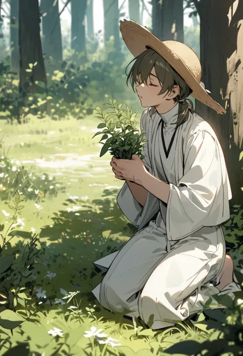 Create a young healer man with a straw hat and white clothes kneeling in the woods praying with his herbs