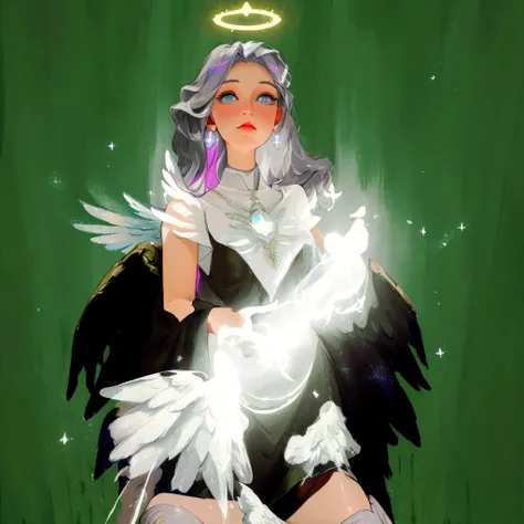 there is a digital painting of a woman dressed in a costume, wearing angel halo, as a mystical valkyrie, angelic halo, wearing angel, angel halo, full - body majestic angel, holy halo, spellcasting pose, glowing holy aura, tron angel, ethereal wings, ether...