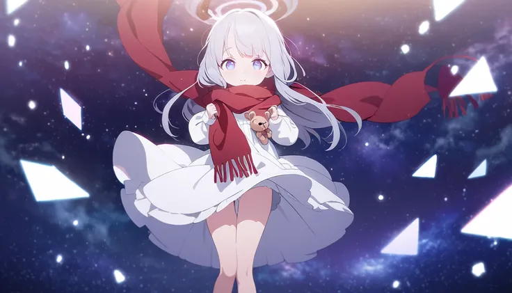 (((masterpiece))), (((best quality))),(((high detail))),light manipulation, girl with long silver hair, gradient purple to sky blue eyes, wearing a white dress, a red scarf, (((loli))), (((child))) , galaxy background, holding a teddy bear, feet, no footwe...