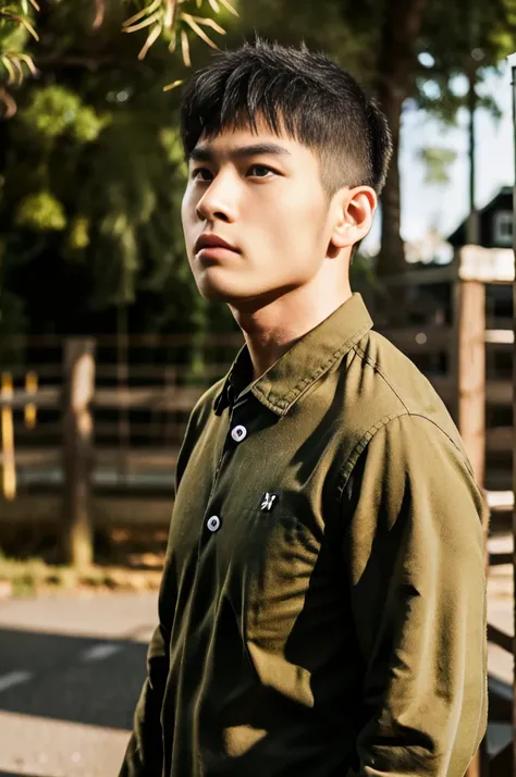 A young Asian man with large muscles looks at the camera. In a dark yellow button-up shirt. , measure , Normal sunlight