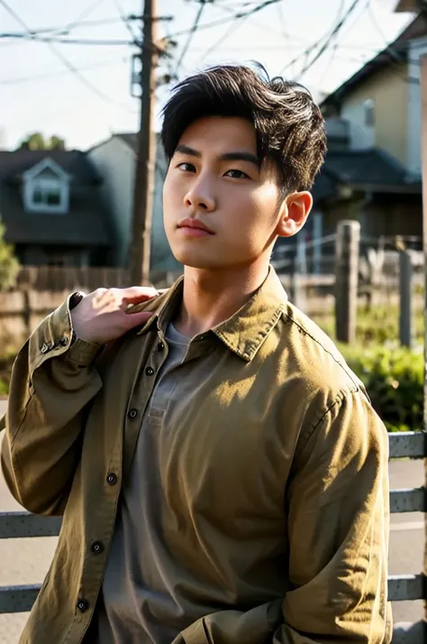 A young Asian man with large muscles looks at the camera. In a dark yellow button-up shirt. , measure , Normal sunlight