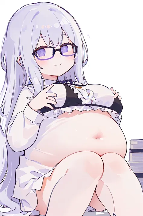 (bust:1.5),책 더미 위에 앉아 있는 big bust을 가진 애니메이션 캐릭터, Tsk tsk, , She has a jiggly, fat, round belly, brother, Ahegao, Kantai Collection Style, Fat Chan, thick black lineart, Shikamimi, cel shaded animation, brother proportions, big tummy, umamusume,(big bust:1....