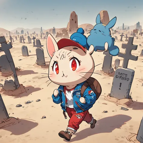 Brown Bunny, Red Eye, Red Cap, Blue Techwear Jacket, Graveyard at Desert