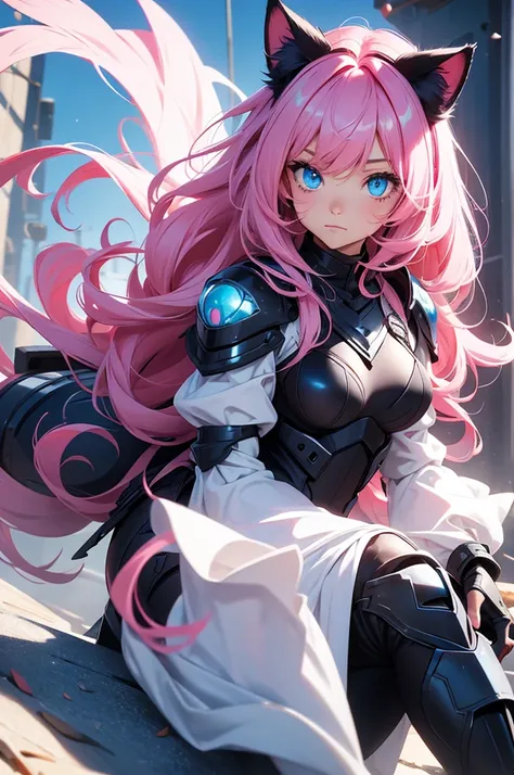  two toned hair, top pink hair, bottom black hair, cat girls, blue eyes, long wavy hair,, cat girl, blue eyes, armor