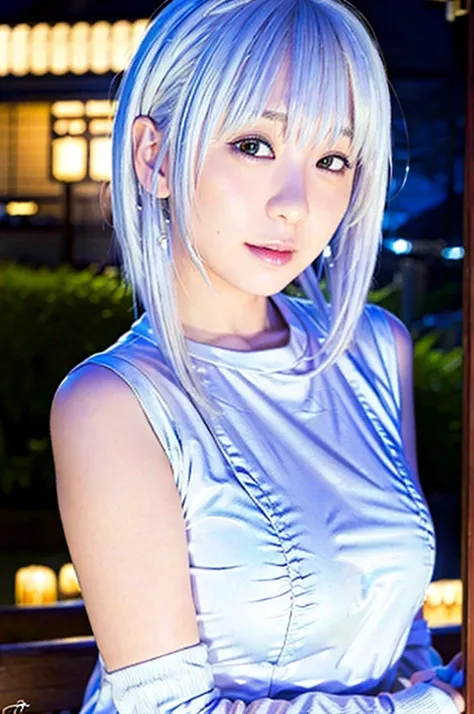 (8k, best quality, masterpiece:1.2)best quality, 1girl, (skindentation), (huge breasts), (day),  bright, blur background, outdoor, (street:0.6), (people, crowds:1), (blouse:1.5), gorgeous, (white hair:1.5), (floating hair:1.5), (dynamic pose:0.8), ayanami_...