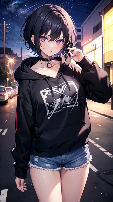 High resolution,high resolution,Girl,Black Hair,Short Hair,Purple Eyes,Slanted Eyes,Bad mood,boyish,slender,Toned body,Street,hoodie,Tattoo,Food,Shorts,low length,Starry Sky,Licking your lips,choker,Large Breasts,Open your mouth,Sticking out tongue