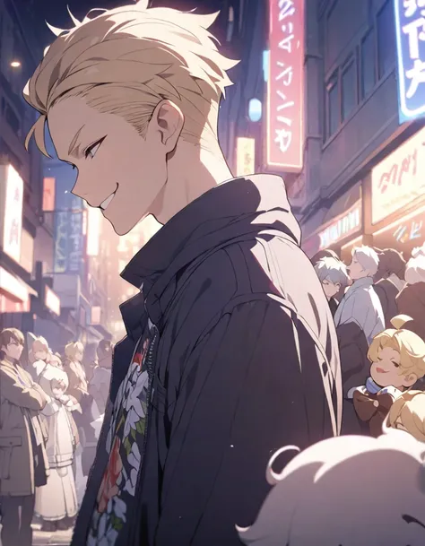 masterpiece，Highest quality，Super detailed，figure，Delicate and detailed，Intricate details，Cinematic Light，Highest qualityのバックライト，1 male, Short fluffy blonde hair, head tilted back, smile, Handsome, Open your mouth, Smug eyes, cool illustration, Street styl...