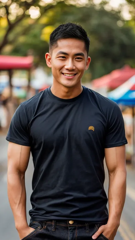 thai man ,man，he is about 30 years old..，rough and handsome appearance，large breastsj，big waistline，buzz cut, angry, sullen, bes...