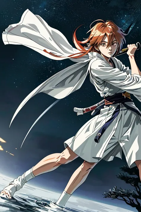 Highest quality，High resolution，((chee々Yushin_Rurouni Kenshin)) ，One person，（knife），（white_coat），bandage，mummy，male，One personで，Middle Age，（Rurouni Kenshin），strongest，Anime Style，（Night Sky_background），(Limbs)，(Full Finger)，(Accurate fingertips), (The fine...