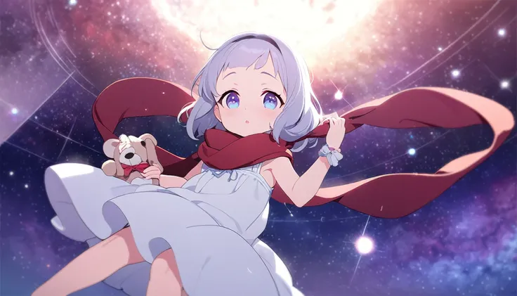 (((masterpiece))), (((best quality))),(((high detail))),light manipulation, girl with long silver hair, gradient purple to sky blue eyes, wearing a white dress, a red scarf, (((loli))), (((child))) , galaxy background, holding a teddy bear, feet, no footwe...