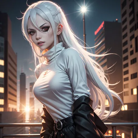 1girl, (solo), anime girl with long white hair and red eyes, girl with white hair, girl in white turtleneck, ((eyepatch)), pointed ears, ((vampire)), smirk, smug, closed mouth, cowboy shot, perfect white haired girl, white haired deity, digital cyberpunk a...